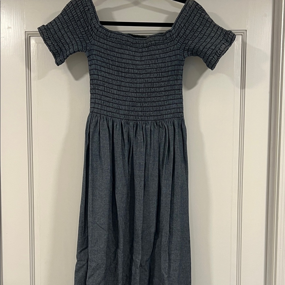 THE GREAT. Charcoal Off-Shoulder Midi Dress